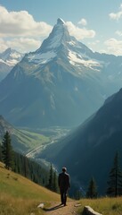 Poster - Mountain view from a panoramic perspective showcasing a hiker admiring the scenery in the Swiss Alps during a sunny day