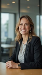 Poster - Woman smiles confidently at office desk while dressed in professional attire during daytime meeting