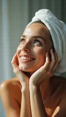 Poster - Woman gazes thoughtfully while embracing natural light in a serene indoor setting