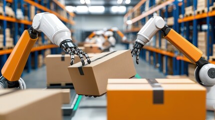 Poster - This image depicts robotic arms efficiently handling boxes in a modern warehouse, showcasing automation in logistics.