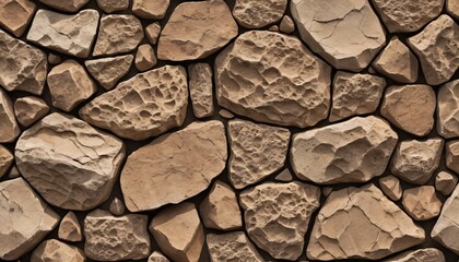 Poster - Natural Stone Wall Texture. Beige and Brown Tones. Rustic Stone Surface. Polished Areas. Rugged Uneven Design. Close-Up View. Unique Patterns. Organic Feel. Accentuated Textures. Subtle Color