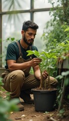 Poster - Young Hispanic man tending to plants in a greenhouse during the early morning hours while nurturing new growth