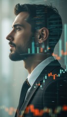 Poster - creative double exposure image blending a businessman's profile with stock market data in a corporat