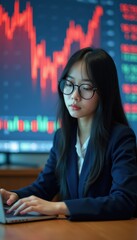 Leinwandbilder - Close up portrait of a young East Asian woman focused on work in a financial environment with stock market data in the background