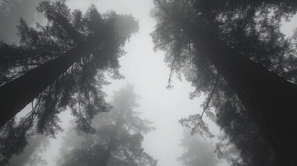 Poster - Tall trees disappear into a dense fog covered sky