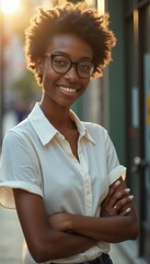 Poster - Young African woman with glasses smiling confidently in urban setting during golden hour light