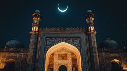 Poster - Illuminated Mosque Gateway Under Crescent Moon Night