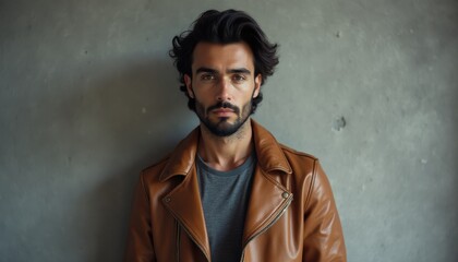 Young Middle Eastern man in a brown leather jacket poses against a textured wall in a stylish urban setting