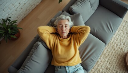 Poster - Elderly Caucasian woman relaxing on a gray sofa in a cozy living room while enjoying a moment of peace