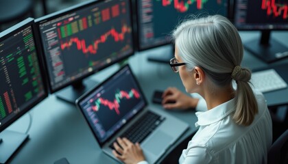 Poster - Elderly woman analyzing stock market data from multiple screens in a trading environment