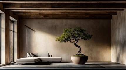 Poster - Modern japanese-inspired room design featuring bonsai minimalist interior serene environment natural light