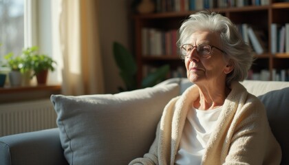 Poster - Soft lit portrait of an elderly woman reflecting in a cozy living room during the afternoon