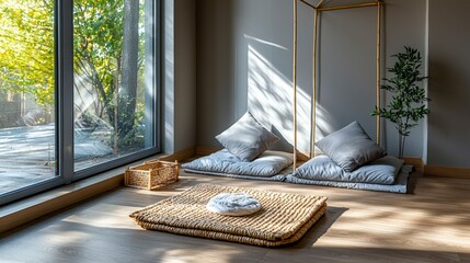 Poster - Tranquil meditation space with cushions modern home interior design bright atmosphere cozy viewpoint