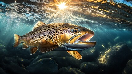 Aufkleber - Close-up view of a brown trout swimming underwater with sun rays creating a shimmering effect : Generative AI