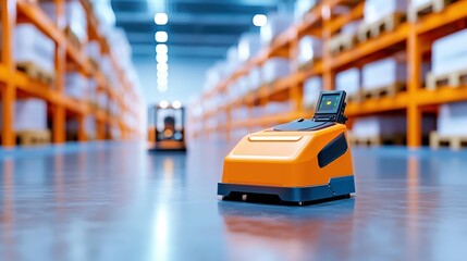 Poster - A high-tech robotic device operates in a modern warehouse, showcasing automation and efficiency in logistics and inventory management.