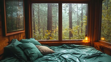 Poster - Serene bedroom space with green linens and rain on the window overlooking a tranquil forest setting : Generative AI