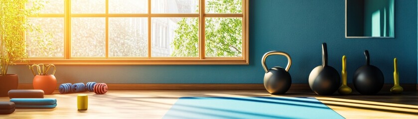 Poster - Brightly lit home gym area with various exercise equipment