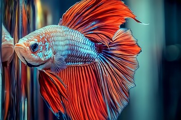 Aufkleber - Vibrant betta fish showcasing rich red and blue colors swimming near a reflective surface : Generative AI