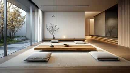 Poster - Japanese-inspired minimalist interior design modern home clean lines tranquil setting contemporary view