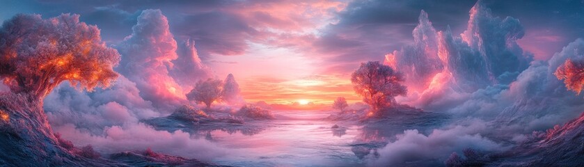 Poster - Pink and blue clouds reflecting in water under sunset glow