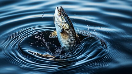 Aufkleber - Dynamic fish leaps from the calm water creating ripples and splashes in an aquatic habitat : Generative AI