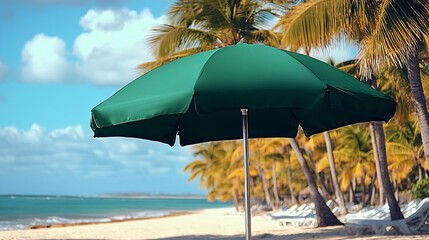 Aufkleber - Serene beach scene featuring a green umbrella under the bright blue sky with palm trees and sandy shore : Generative AI