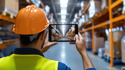 Poster - A worker in a hard hat uses a tablet to capture images of a large warehouse filled with shelves and inventory.