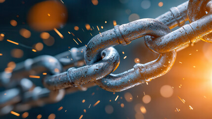 Poster - chrome plated chain breaking with sparks flying, showcasing extreme detail and dynamic motion. image captures tension and energy of moment