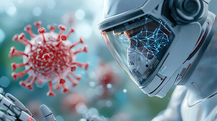 Aufkleber - futuristic astronaut in high tech suit examines 3D holographic virus model, showcasing advanced technology and medical analysis in vibrant environment