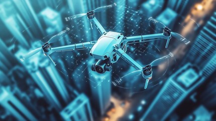 Poster - High-tech drone flying over a bustling urban cityscape emphasizing cutting-edge design and functionality : Generative AI