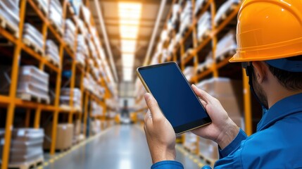 Poster - A worker in a safety helmet uses a tablet to manage inventory in a well-organized warehouse filled with stacked boxes.