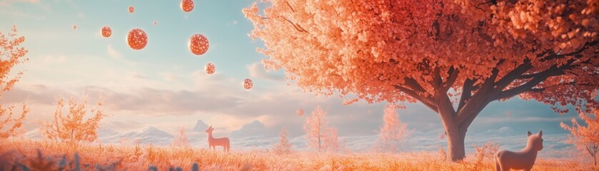 Poster - Surreal Landscape With Floating Orbs And Animals