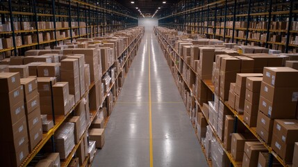 Poster - A spacious warehouse filled with rows of neatly stacked cardboard boxes, illuminated by overhead lights, creating a clear pathway down the center.