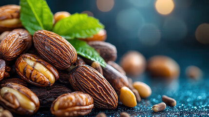 Poster - exotic tonka beans arranged artistically with green leaves, showcasing their unique textures and col