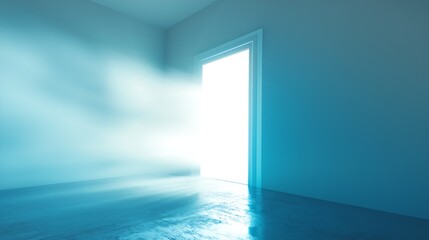 Aufkleber - Bright luminous doorway revealing a luminous path within a serene blue room : Generative AI