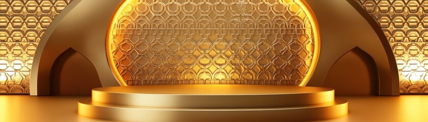 Poster - Luxurious golden pedestal stands against patterned background and arches