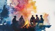 © J. Thamanoon - A Cozy Gathering of Friends Enjoying Warmth and Connection Around a Glowing Fire in a Watercolor Painting