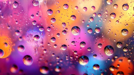 Poster - Water droplets cling to a vibrant multicolored blurred surface