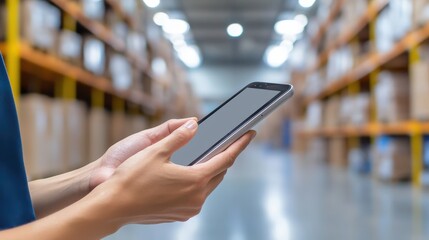 Poster - A person using a tablet in a warehouse, surrounded by shelves stacked with boxes, indicating a focus on inventory management or logistics.