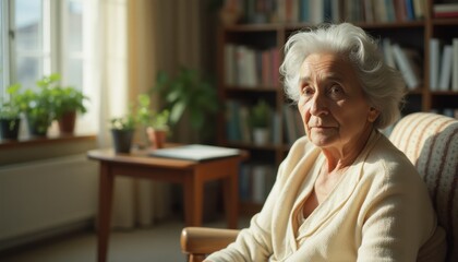Poster - Elderly woman sitting comfortably in a cozy living room, illuminated by sunlight streaming through the window