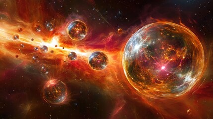 Poster - Fiery Cosmic Nebula with Multiple Celestial Bodies