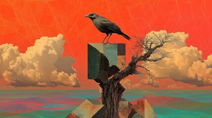 Poster - Bird perched atop fragmented geometric structure beneath an orange sky