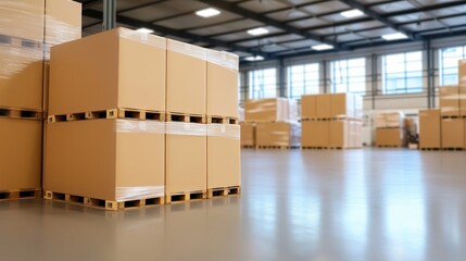 Poster - A spacious warehouse filled with stacked cardboard boxes on pallets, showcasing an organized storage environment.