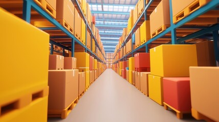 Poster - A brightly lit warehouse aisle filled with colorful stacked boxes on pallets, showcasing an organized storage space.