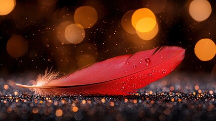 This stunning image features a vibrant red feather resting on a glittery surface, illuminated by soft bokeh lights, creating an enchanting atmosphere filled with wonder.