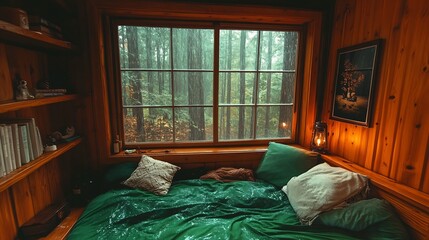 Poster - Warm and inviting bedroom with rustic wood accents and rain-streaked windows revealing lush woods outside : Generative AI
