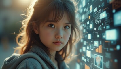 Poster - Creative double exposure effect blending a young girl and digital data visuals in an urban setting during sunset