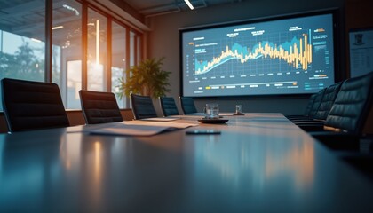 Poster - Office meeting room with engaging data visualizations at sunset creating a productive atmosphere