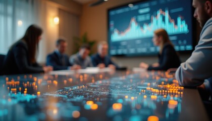 Poster - Boardroom meeting with high-tech interface showcasing data analytics and business strategies in a corporate environment