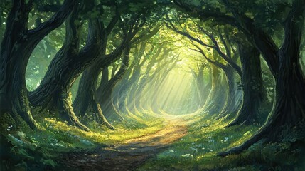 Poster - Sunlight streams through a lush forest path tunnel view